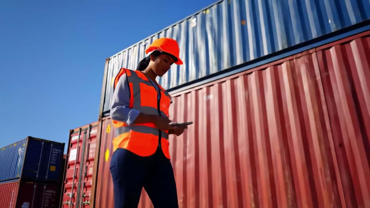 A construction worker in a bright safety vest and hard hat is seen walking among shipping containers while using a smartphone, highlighting the importance of safety and communication in logistics.
