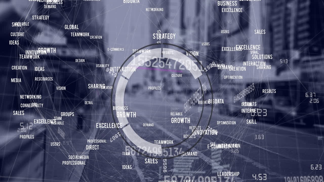 Animation of network of connections with coordinates over cityscape