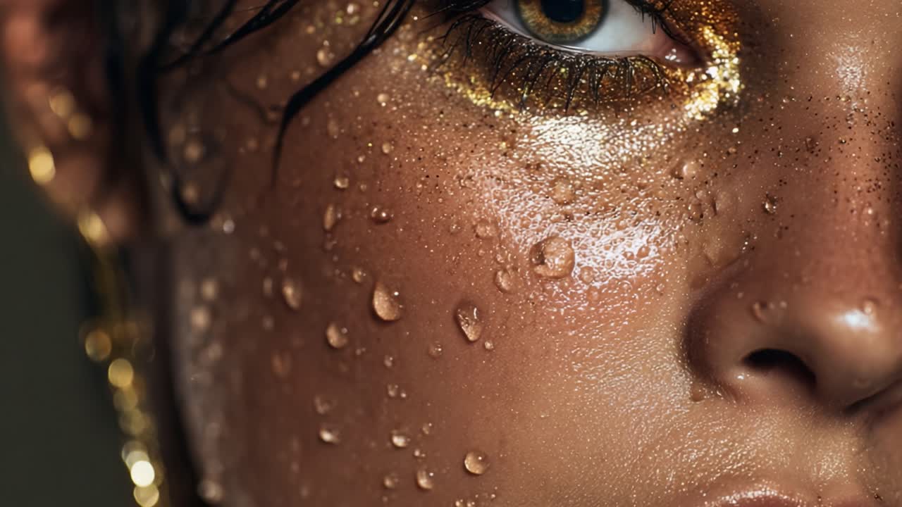 Close-Up of a Moisturized Face with Golden Makeup and Raindrops: A Stunning Portrait Highlighting Natural Beauty and Elegance