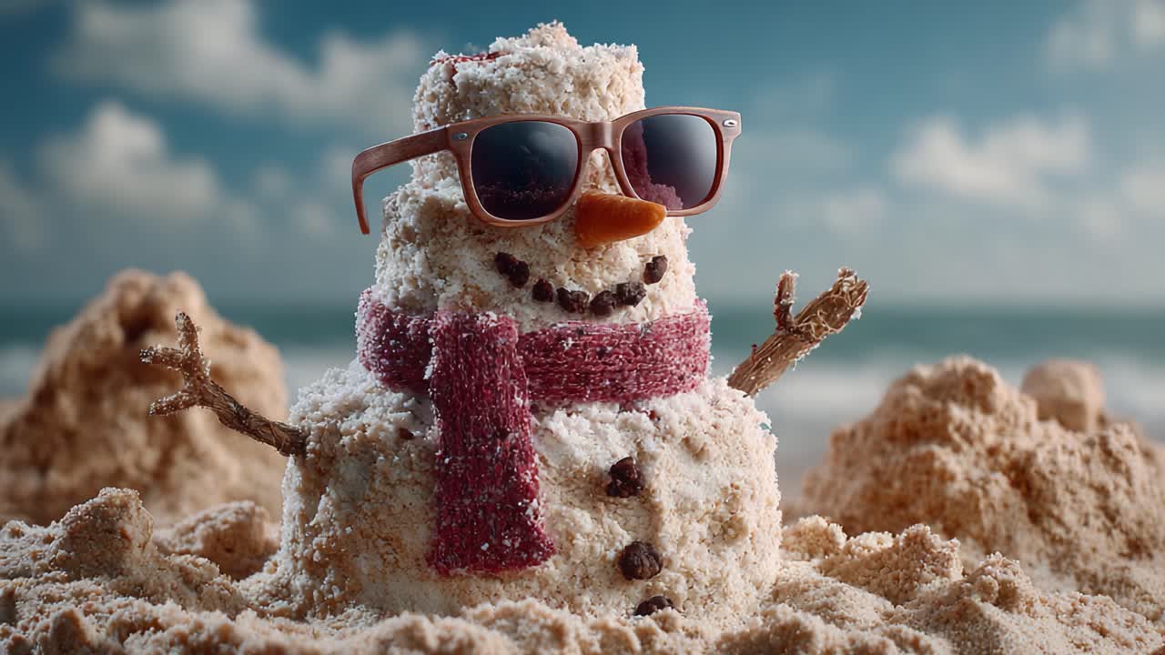 A whimsical beach scene featuring a snowman wearing sunglasses and a scarf, embodying the playful contrast of winter charm against a sunny coastal backdrop