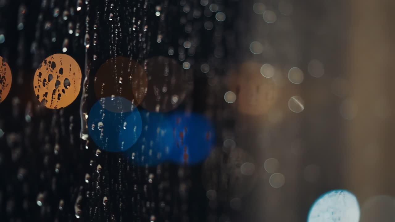 Raindrops on Window with Bokeh Lights at Night