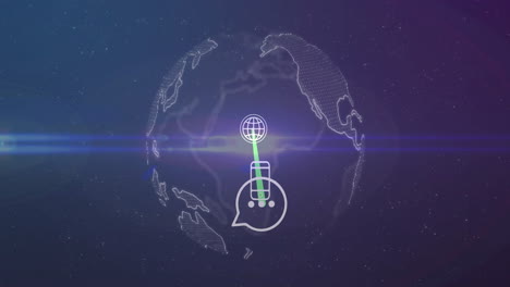 animation of globe and microphone with digital connections over starry background