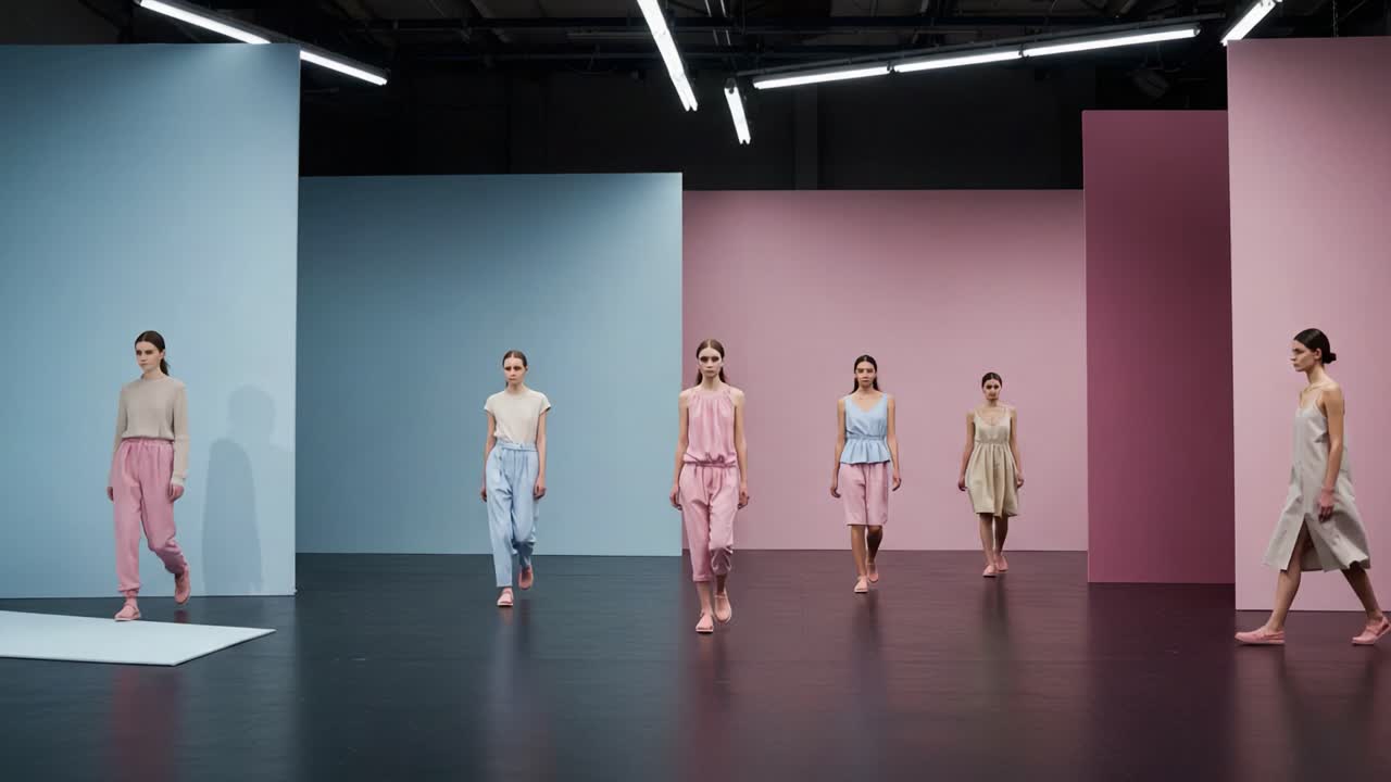 A Fashion Showcase: Models Displaying Chic and Elegant Styles on a Minimalist Stage of Soft Pastel Colors in a Striking Visual Presentation