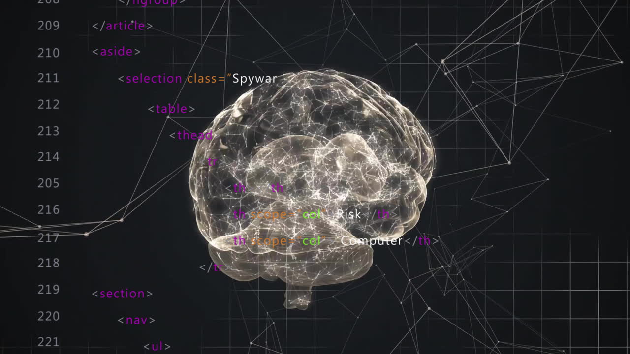 Animation of human brain and data processing over dark background