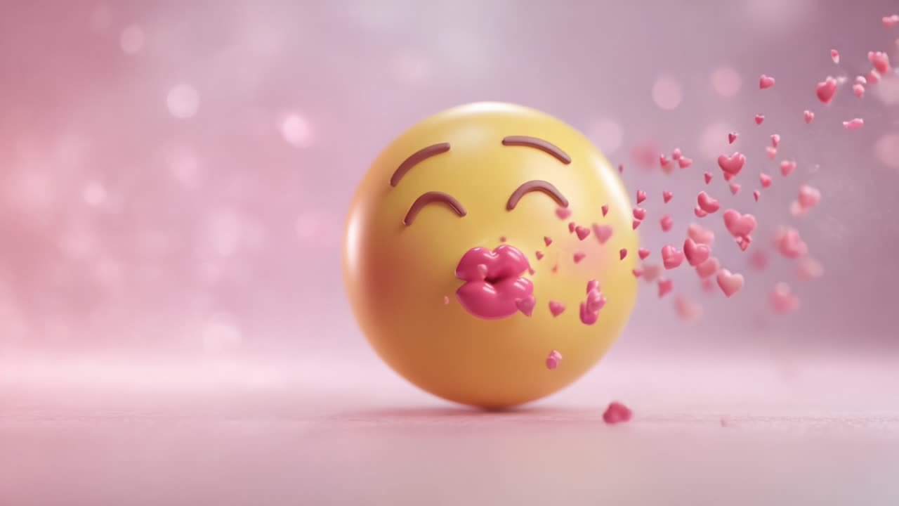 A playful emoji blowing kisses, surrounded by floating hearts, captures the essence of love and joy in a whimsical and vibrant animated scene full of warmth and affection