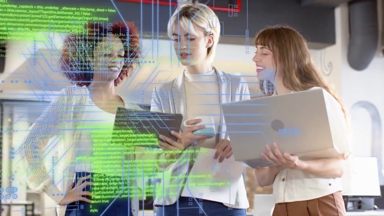 Three women tapping tablet in tech hub, reviewing data, circuit graphics rising over devices fading