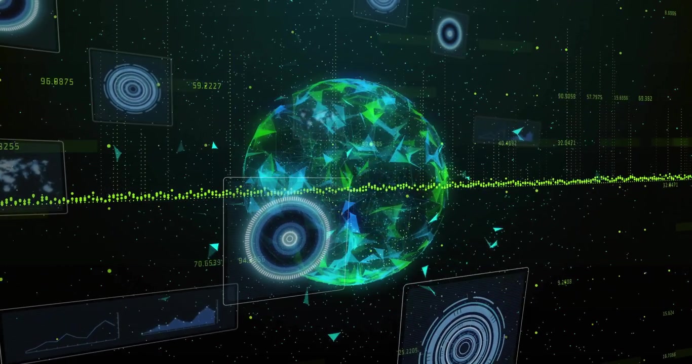 Holographic globe rotating in virtual data space, showing floating HUD panels and data streams