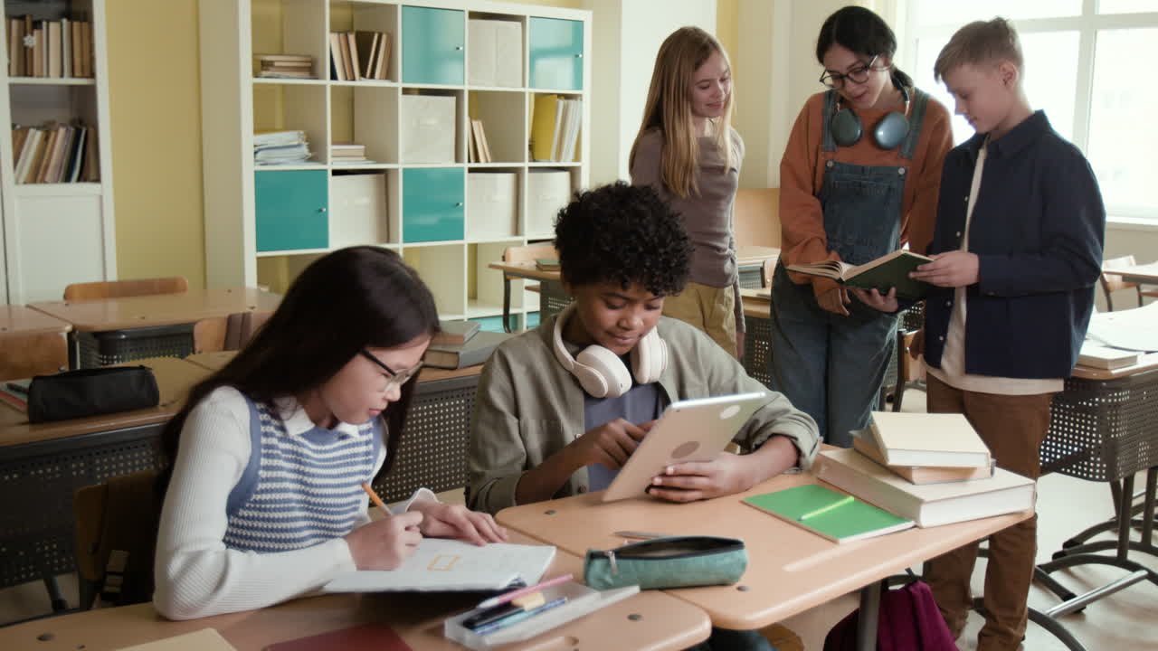Students Collaborating and Studying Together in a Classroom