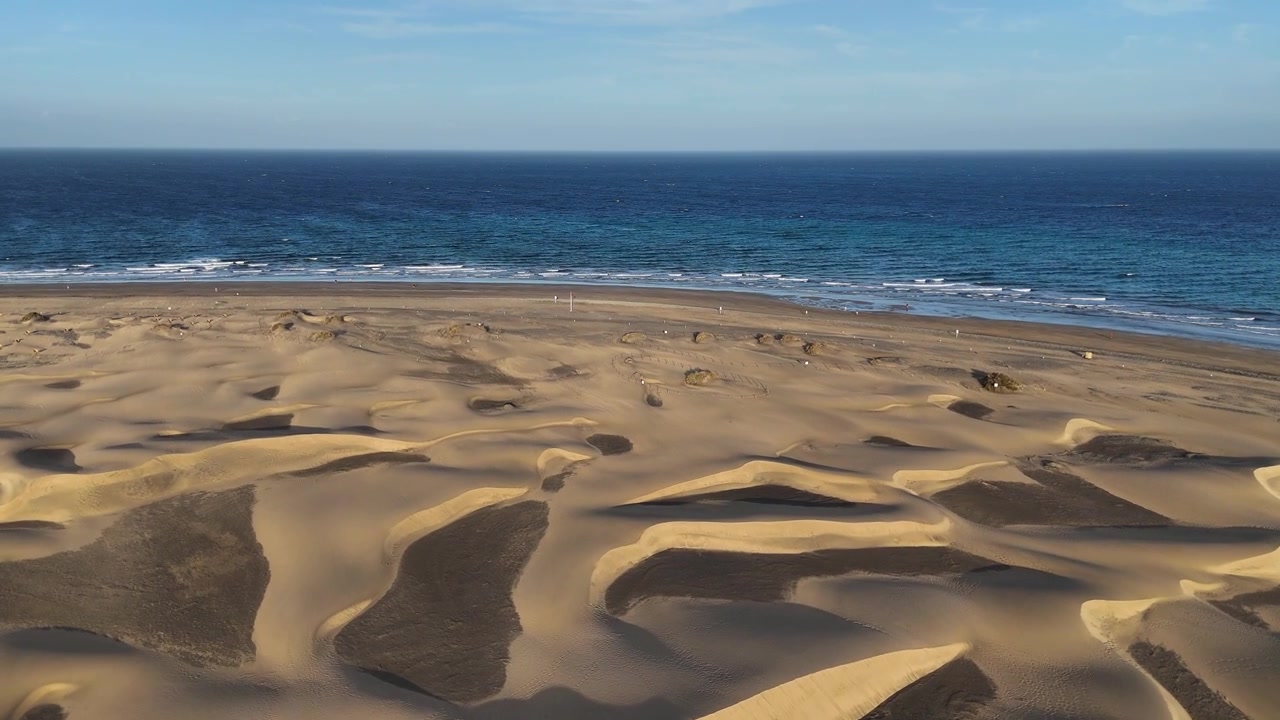 Maspalomas sand dunes meet the Atlantic Ocean coastline of Gran Canaria, aerial