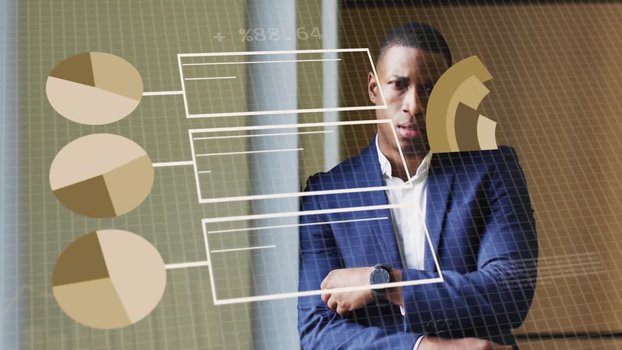 animación de procesamiento de datos estadísticos contra el retrato de un empresario afroamericano en la oficina