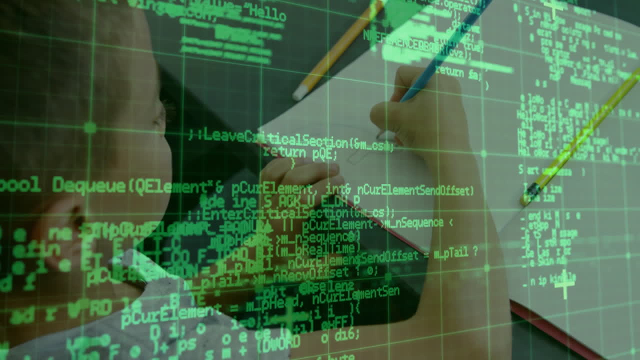Boy writing in notebook at wooden desk, displaying green code grid overlay for education technology