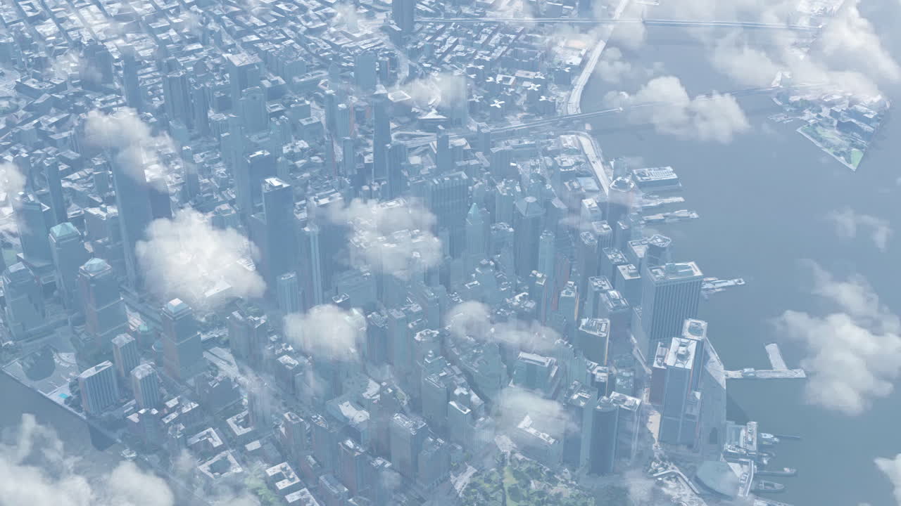 Aerial View of a City Skyline with Skyscrapers Emerging Through Clouds