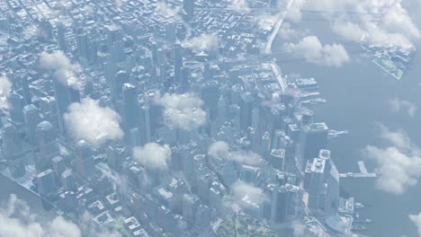 aerial view of a city skyline with skyscrapers emerging through clouds