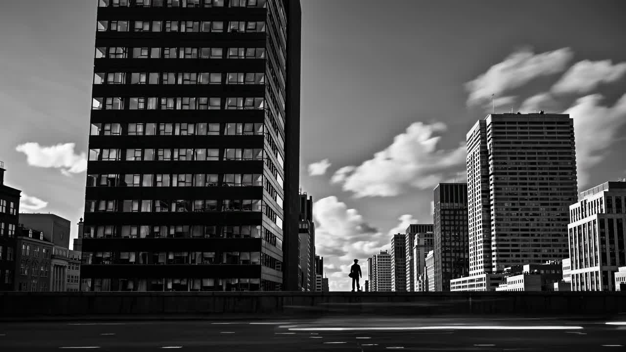 Silhouette of a person standing on a bridge in a cityscape with tall buildings and blurred motion
