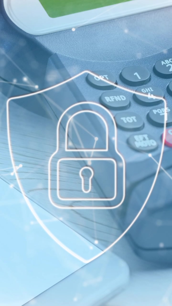 Animation of network of connections and security padlock on shield over payment terminal
