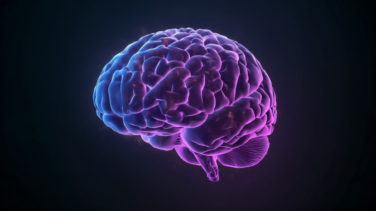 Initiating gradient shift turning brain in dark void showing cortical folds, with glowing sparks