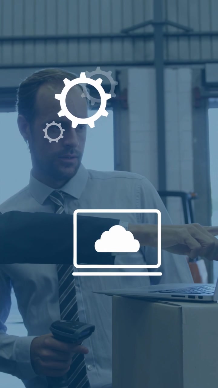Vertical video: After woman pointing man scanning laptop checking depot while gear cloud animating
