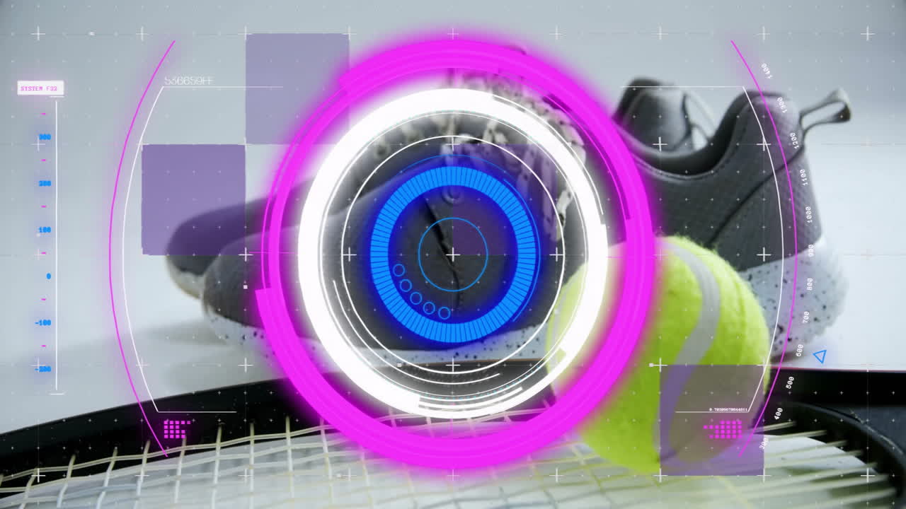 Neon tennis ball hovering on racket strings, displaying flat HUD circles, bars next to shoe