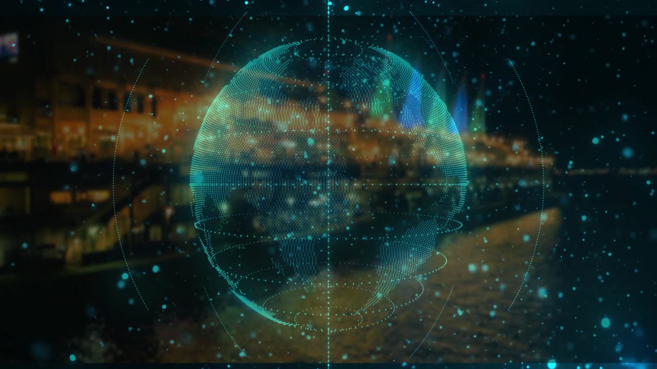 Faint outline appearing over water forming 3D globe rings, drifting particles visualizing data