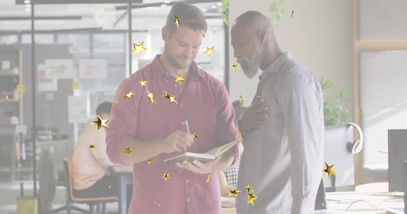 Office colleagues opening notebook for planning and holding mug with star confetti drifting