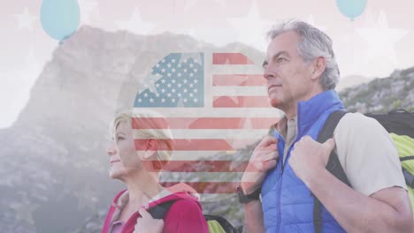 Animation-of-american-flag-over-senior-caucasian-couple-hiking-in-mountains