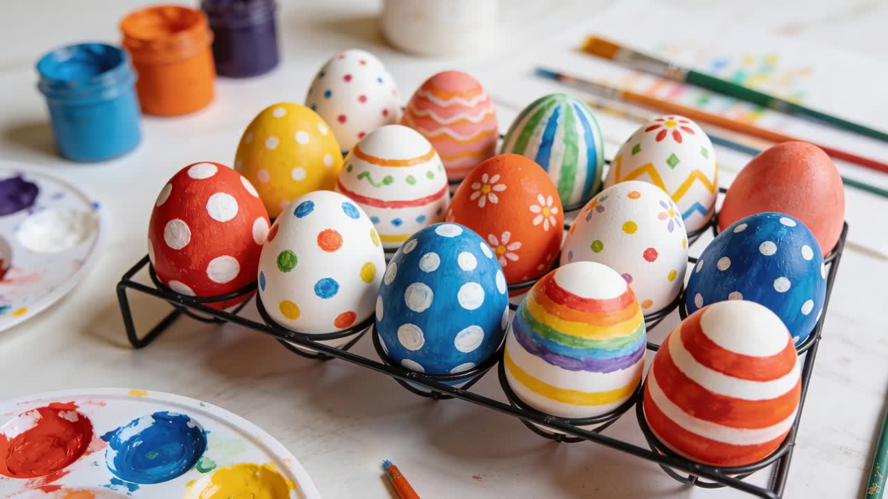 Vertical video: Camera tightening crop on egg rack, revealing painted eggs for craft display