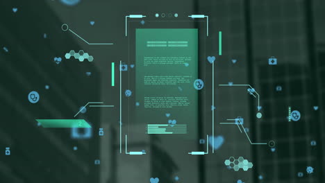 Animation-of-scanner-processing-data-over-medical-icons-and-network