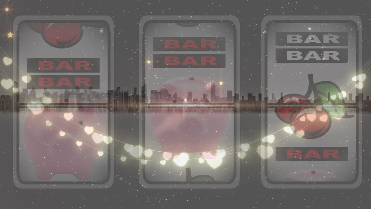 카지노 슬롯 머신 위에서 빛나는 심장 모양의 요정 불빛의 애니메이션과 도시 풍경의 전망