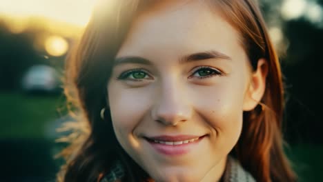 closeup portrait of a smiling woman with green eyes