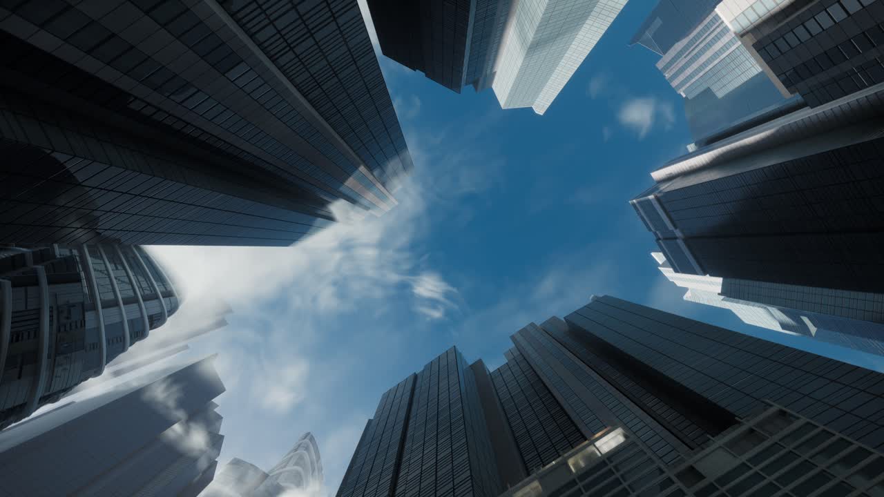 vista de bajo ángulo de los edificios de vidrio espejo. centro de negocios con vista de rollo de barril, zoom en