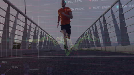 animation of financial data processing over caucasian man running