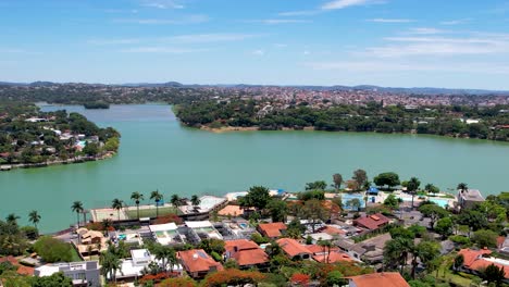 metropolis aerial view of landmark pampulha lake and sports centre stadium near amusement park at downtown belo horizonte minas gerais brazil