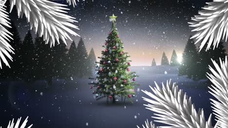 Animation-Von-Weißen-Blättern-Und-Schnee,-Der-über-Den-Weihnachtsbaum-In-Der-Winterlandschaft-Fällt