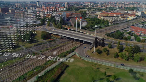 animación del mapa del mundo y procesamiento de datos frente a una vista aérea del paisaje urbano