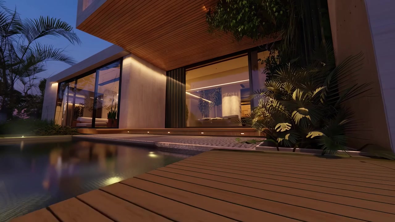 Modern Luxury Villa with Swimming Pool at Twilight