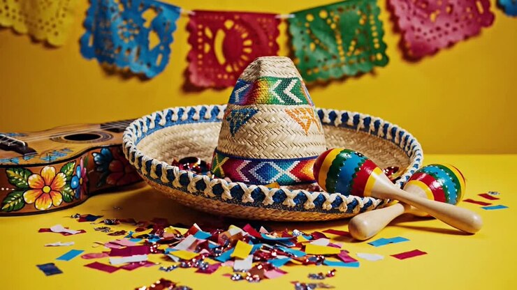 Sombrero, maracas e chitarra che celebrano la cultura della festa messicana.
