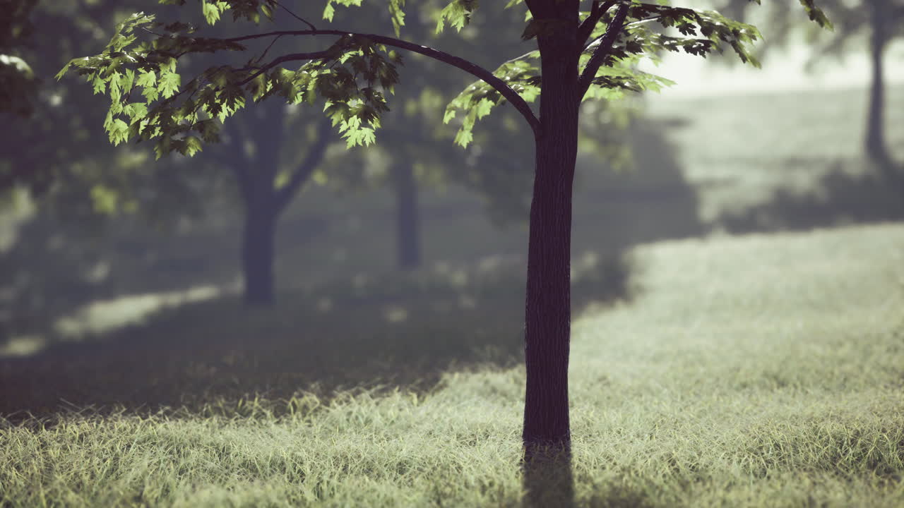 Morning light filters through trees in a serene forest landscape