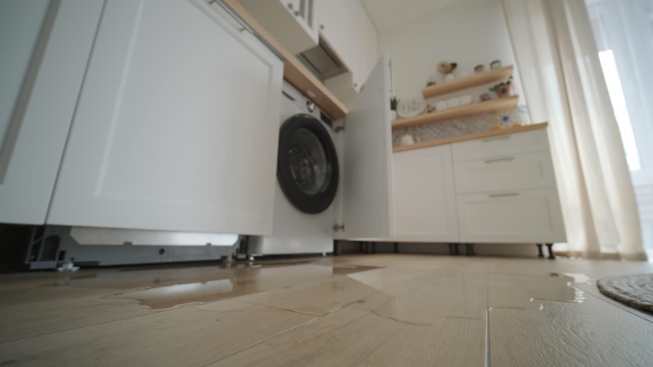 빛이 비치는 부에서 열려있는 접시 세탁기에서 나무 바닥에 있는 물웅이가 가정의 불행을 나타니다.