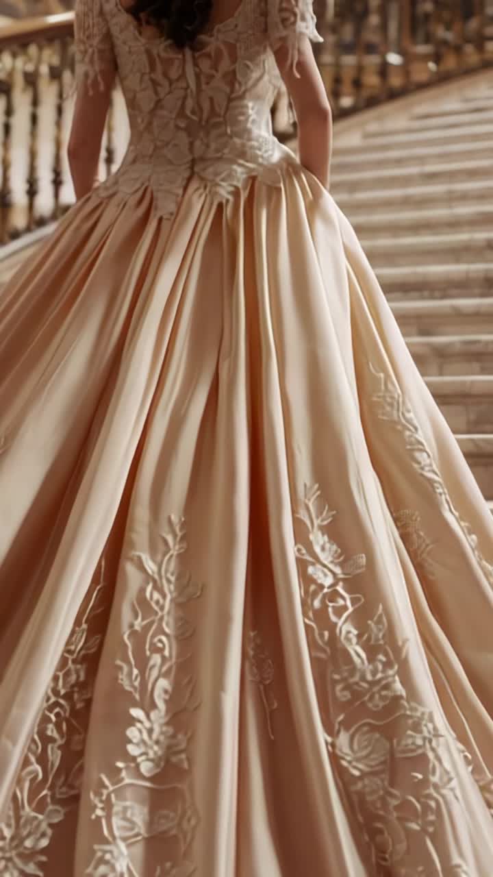Vertical video: Opening shot panning upward revealing gold ball gown on staircase showcasing shape