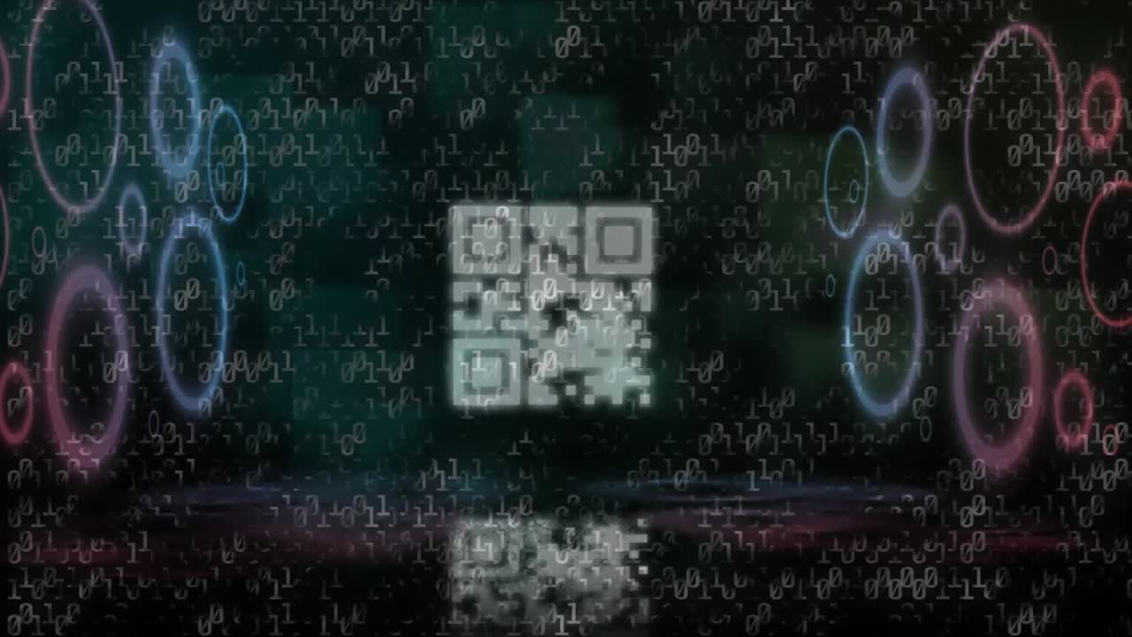 animación del procesamiento de datos y el código qr sobre fondo oscuro
