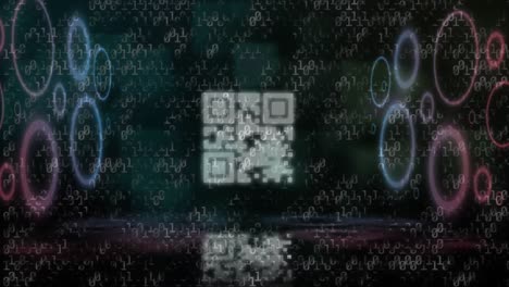 Animation-of-data-processing-and-qr-code-over-dark-background