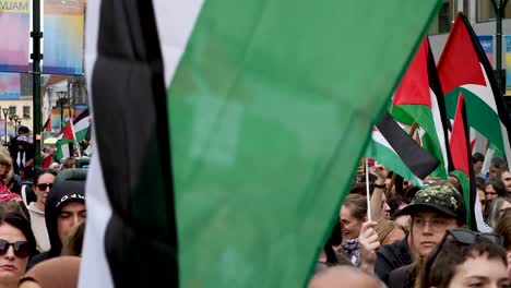 pro palestine protesters march against israel’s eurovision participation in malmö (sweden), calling for a ceasefire on the war in gaza, eurovision song contest 2024, medium handheld shot