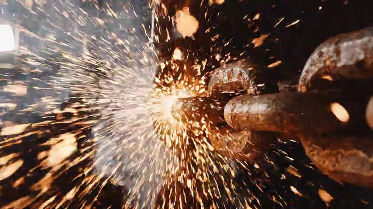 Intense sparks flying from heavy industrial steel chain being cut
