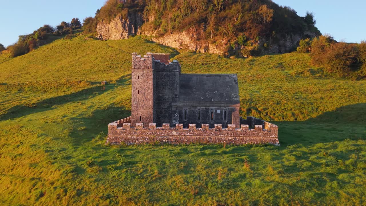 Golden Hour Aerial of the Anchorite’s Cell in Fore Ireland, County Westmeath