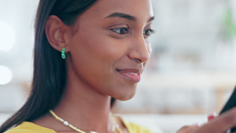 Relax,-smile-and-scroll,-woman-with-phone-in-home