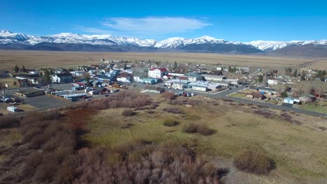 Classic-aerial-shot-over-the-small-Western-town-of-Bridgeport-California-at-the-base-of-the-Sierra-Nevada-Mountains