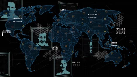 animation of data processing with people and world map over black background
