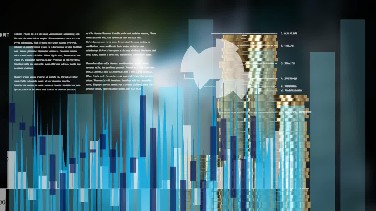 Animation of financial data processing over cityscape