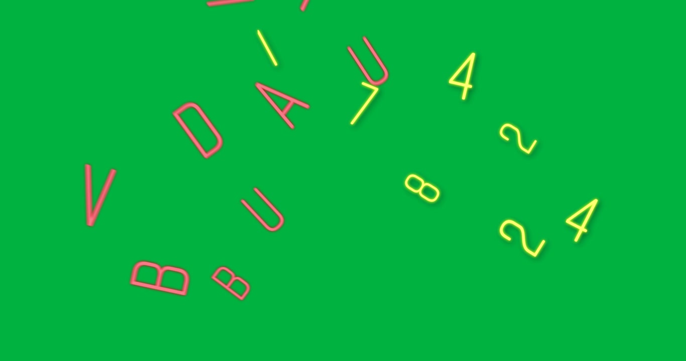 Numeri e lettere animati e colorati fluttuano su uno sfondo nero, a simboleggiare il flusso di dati.