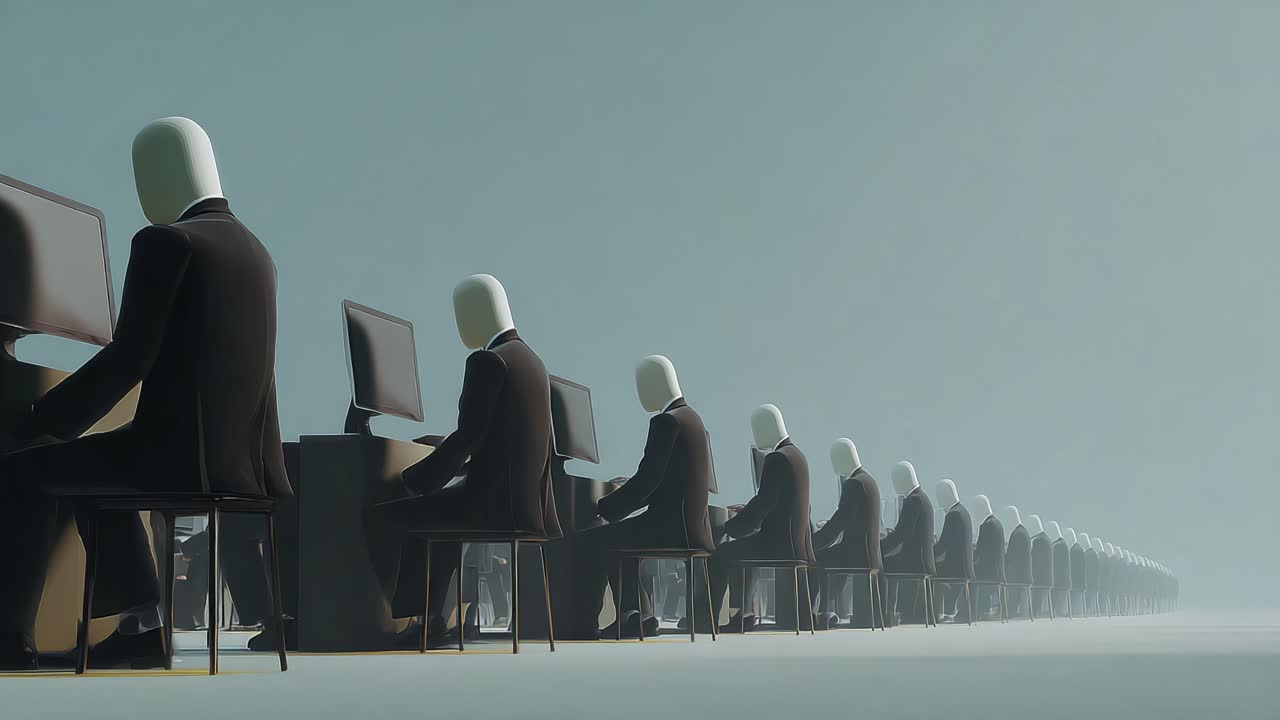 A Surreal Representation of Digital Isolation: Faceless Figures Seated at Computers in a Minimalist Environment, Each Engaged in Silent Activity Amidst a Foggy Ambiance